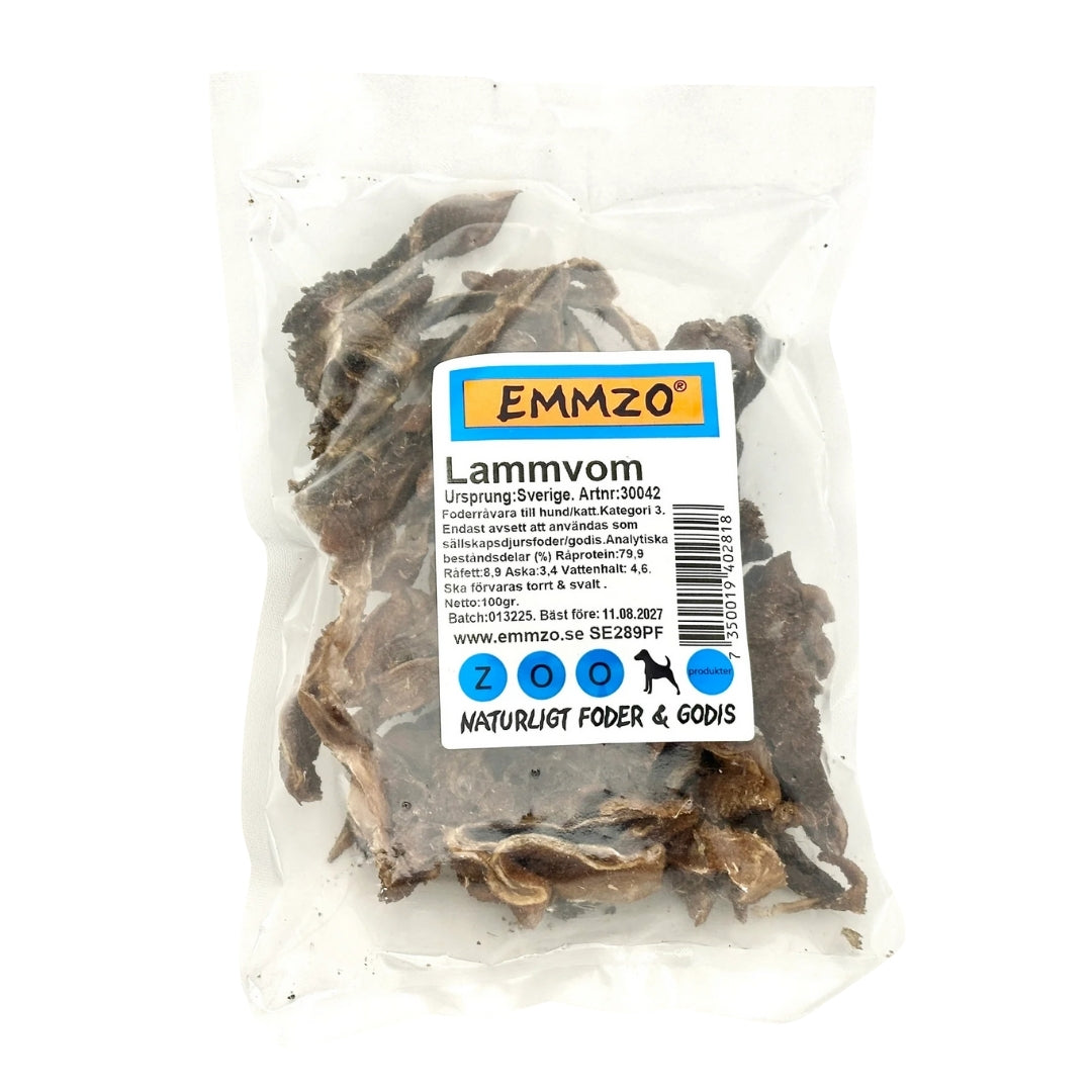 Emmzo Lammvom 100g i transparent förpackning med produktetikett mot vit bakgrund