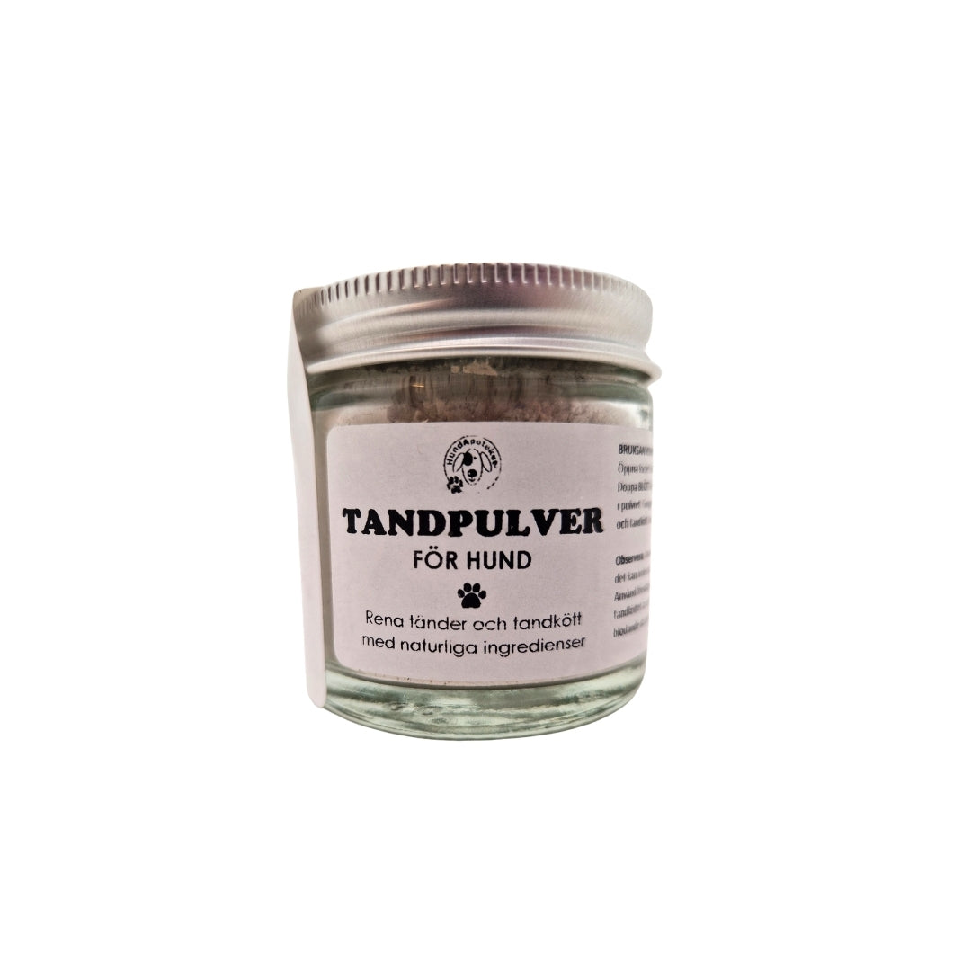 Hundapoteket tandpulver för hund 60ml, glasburk med silver lock och vit etikett