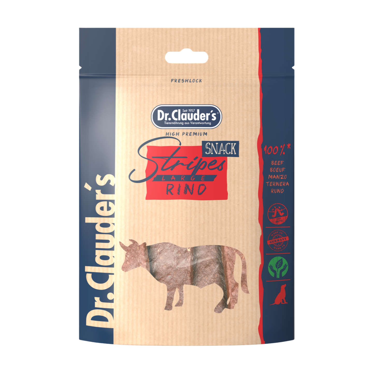 Dr. Clauder's Stripes Large nötkött 80g, beige-blå påse med ko-illustration mot vit bakgrund