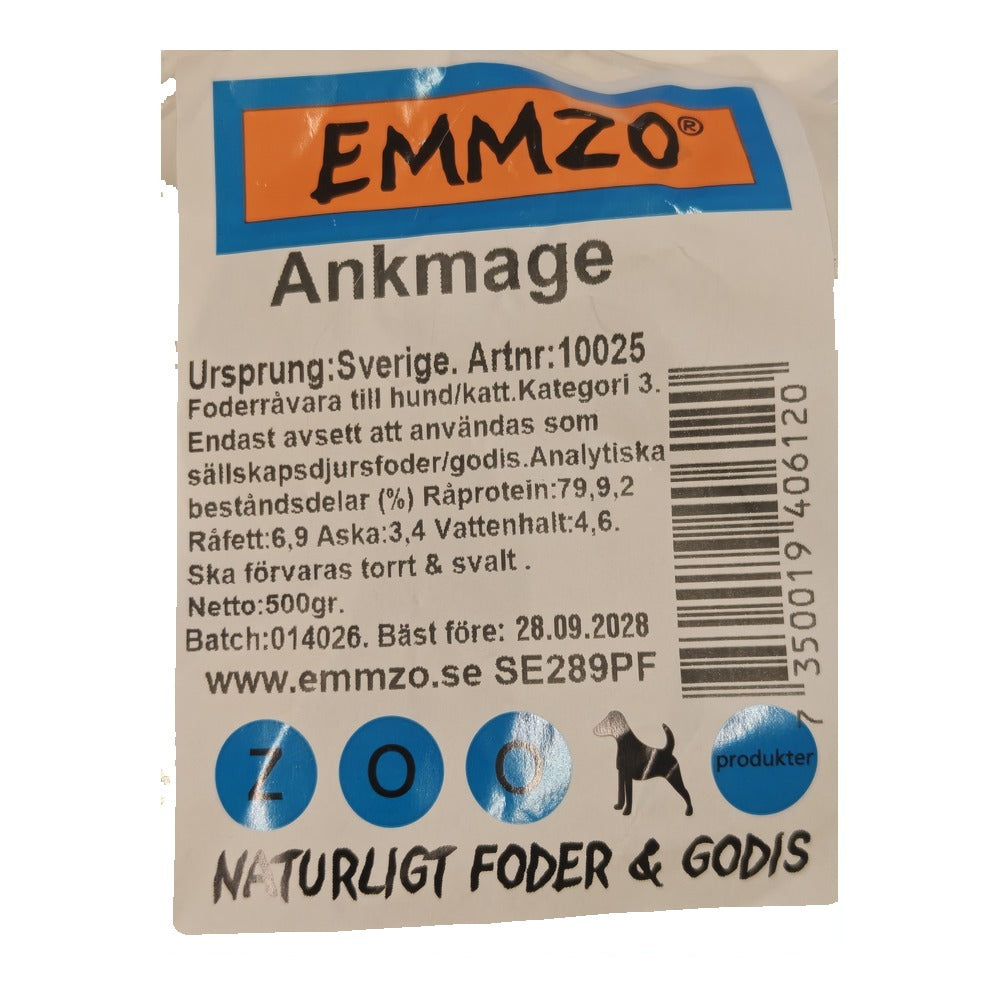 Etikett på Emmzo ankmage med analys, ursprung Sverige och nettovikt 500g