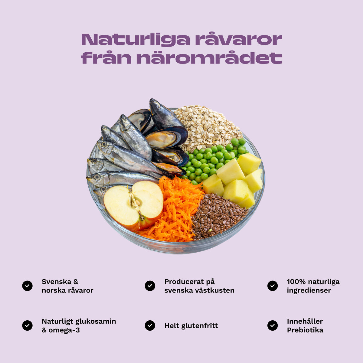 Råvarorna i Musselmeal: fisk, blåmusslor, havre, ärtor och grönsaker