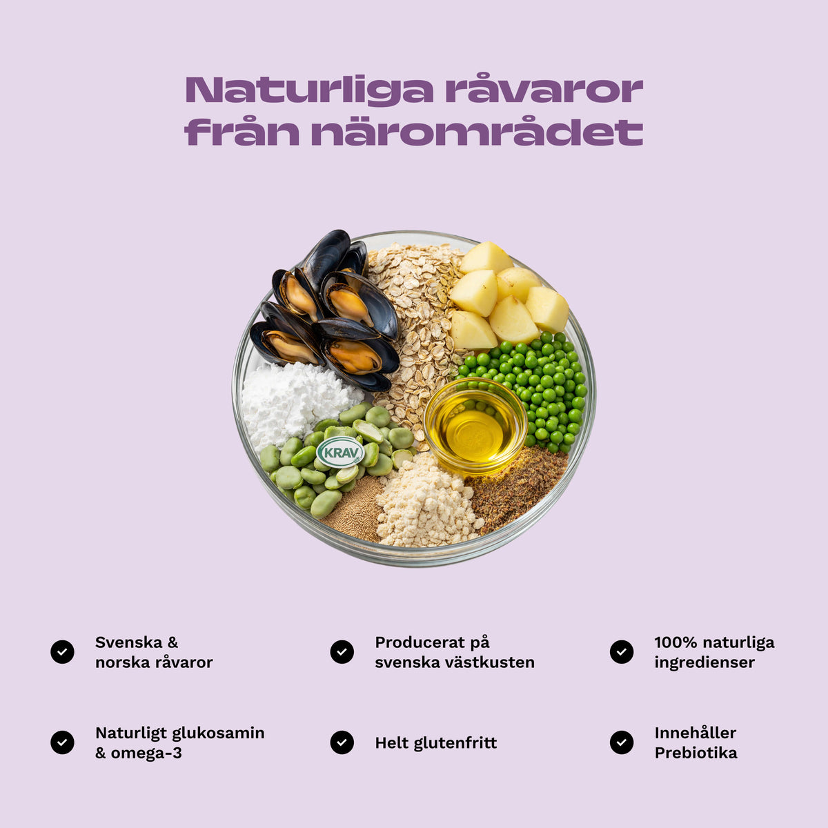 Råvarorna i Musselmunch: blåmusslor, havre, ärtor och potatis
