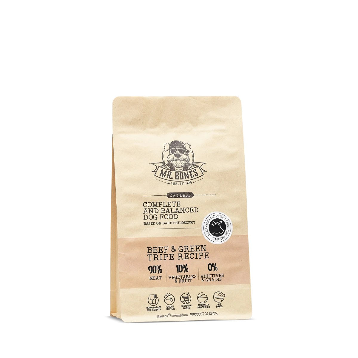 Mr. Bones lufttorkat helfoder med nöt och grön vom i påse 450 g
