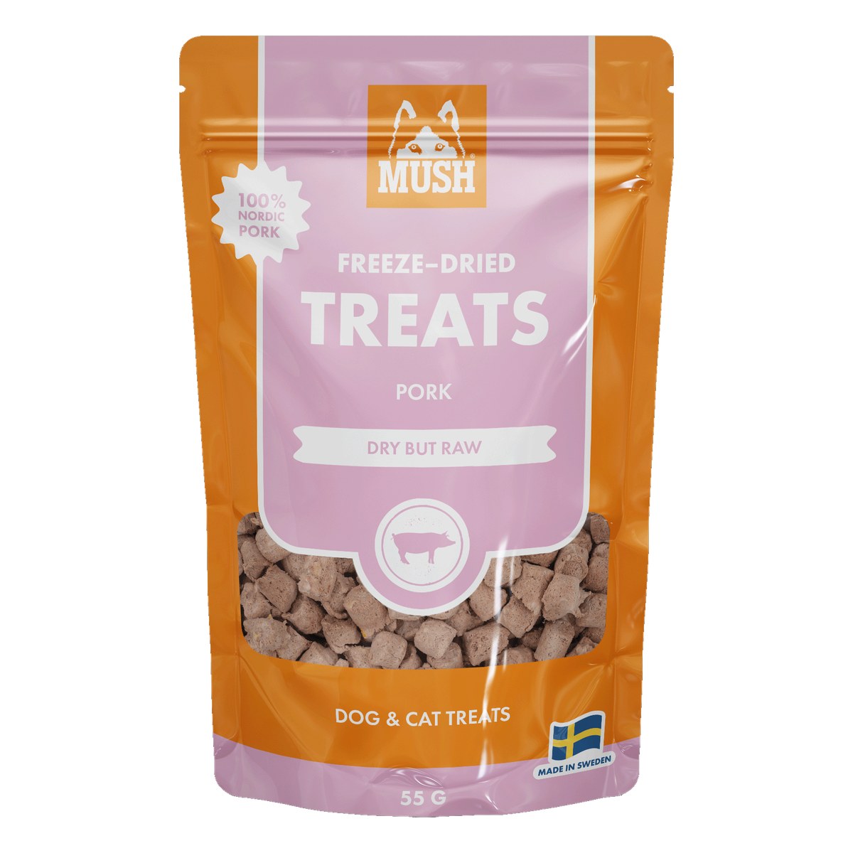 MUSH Freeze-Dried Treats frystorkat grisgodis 55g förpackning