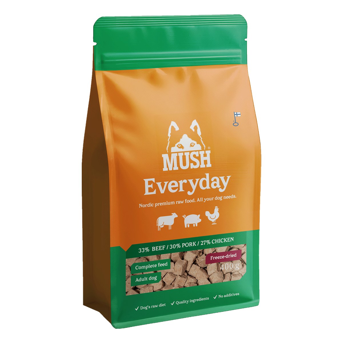 MUSH Everyday Green frystorkat helfoder nöt, gris och kyckling 400g förpackning