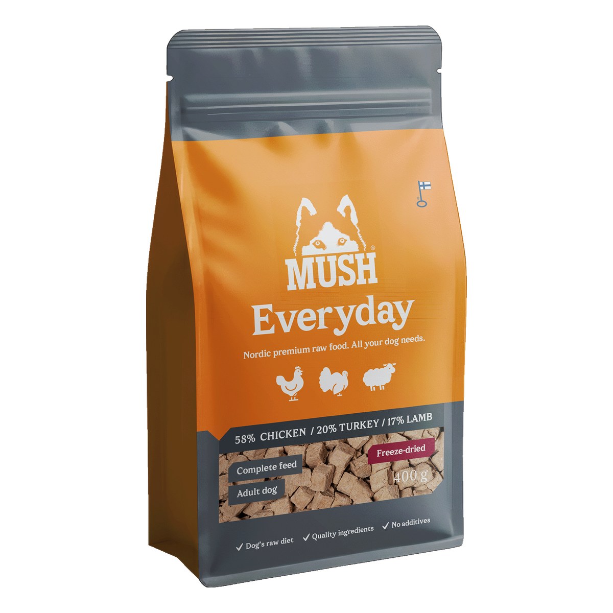 MUSH Everyday Grey frystorkat helfoder kyckling, kalkon och lamm 400g förpackning