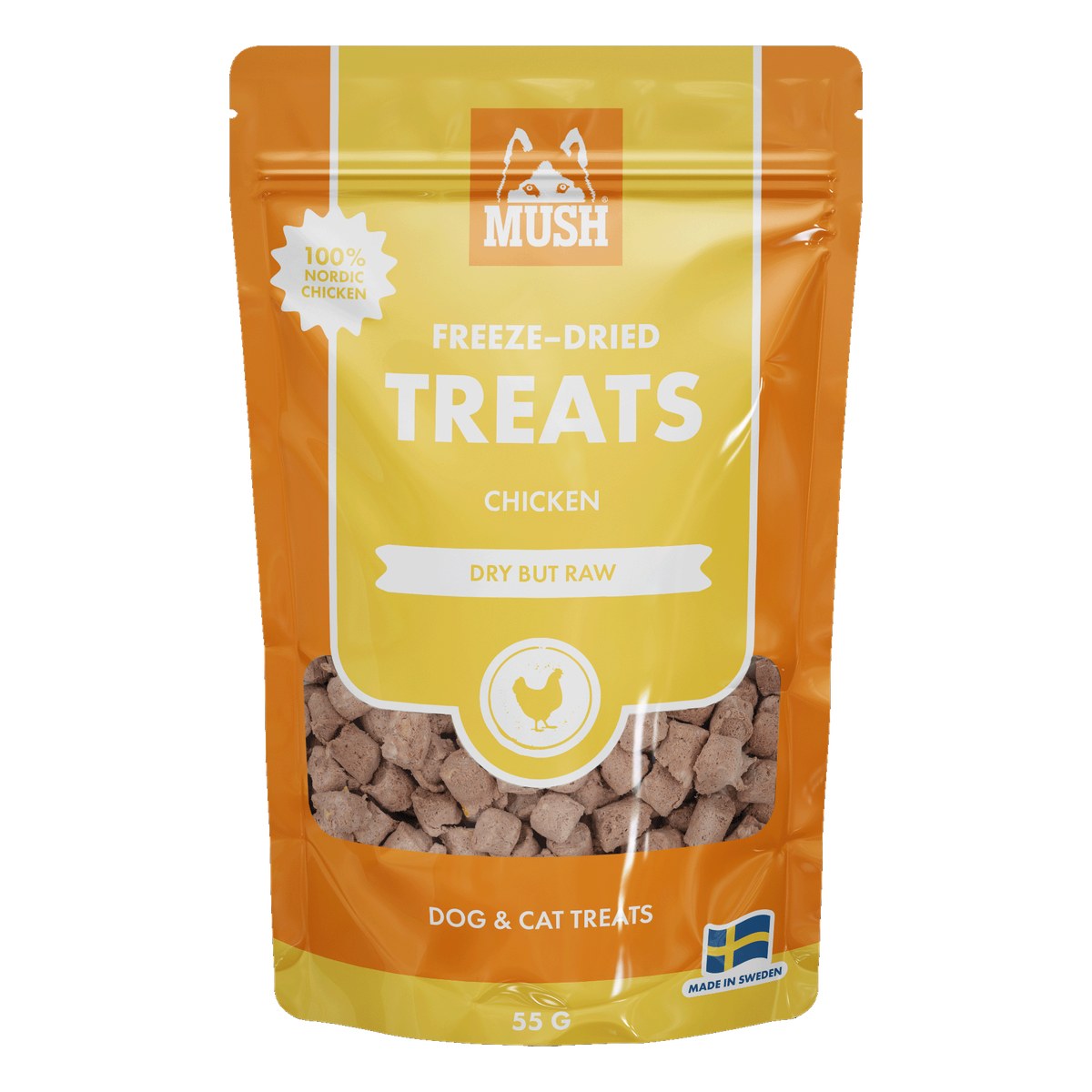 MUSH Freeze-Dried Treats frystorkat kycklinggodis 55g förpackning