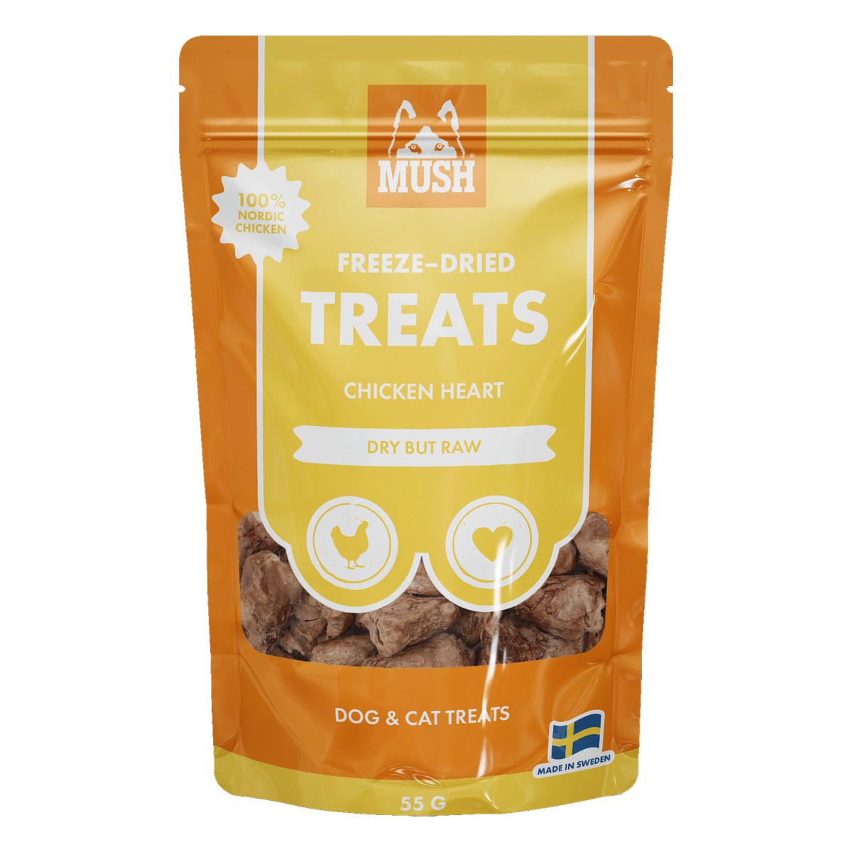 MUSH Freeze-Dried Treats frystorkat kycklinghjärta 50g förpackning