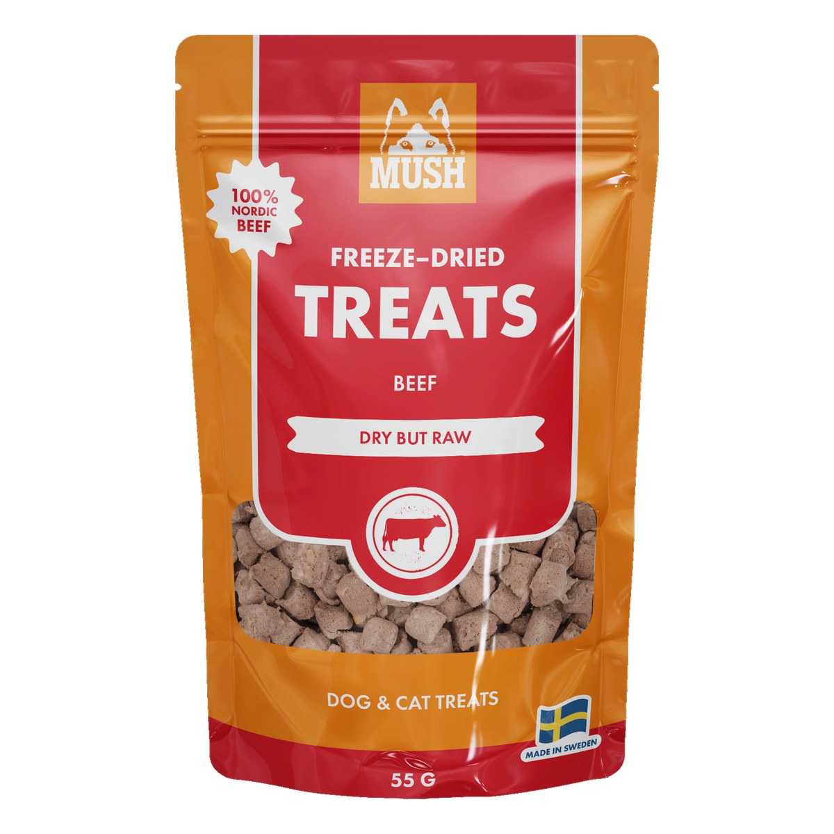 MUSH Freeze-Dried Treats frystorkat nötgodis 55g förpackning