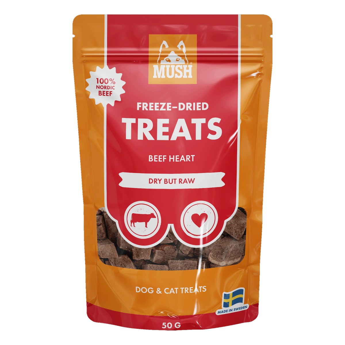 MUSH Freeze-Dried Treats frystorkat nöthjärta 50g förpackning