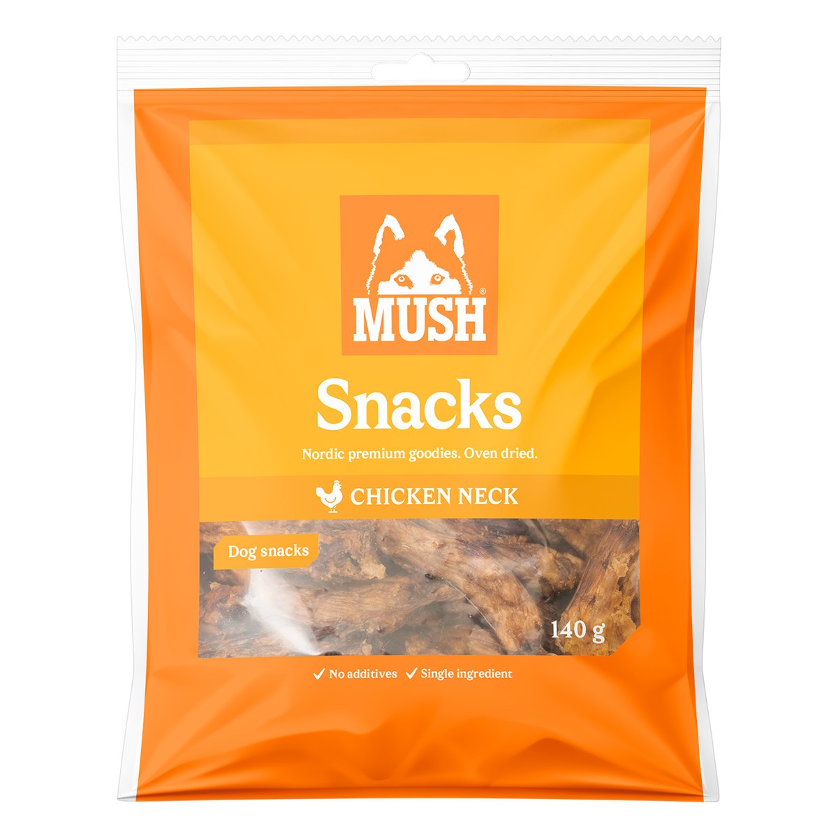 MUSH Snacks kycklinghals 140g förpackning