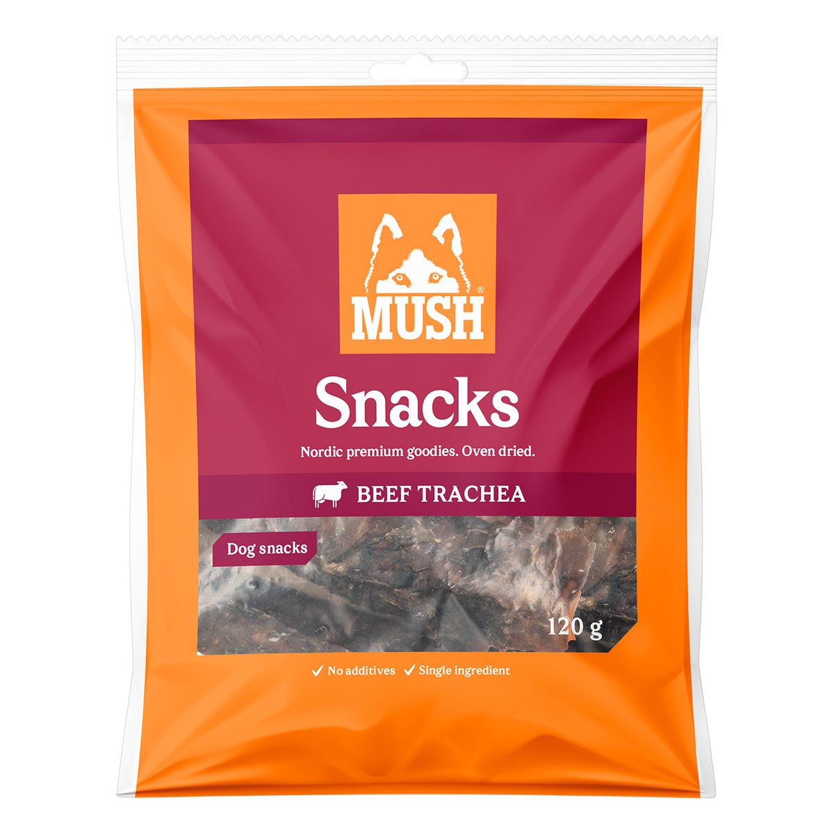 MUSH Snacks nötluftstrupe 120g förpackning