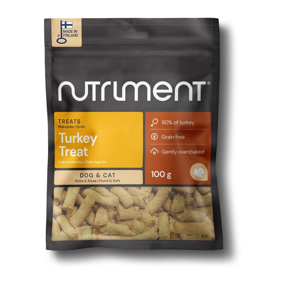 Nutriment Turkey Treat kalkongodis 100g, svart påse med gul etikett mot vit bakgrund