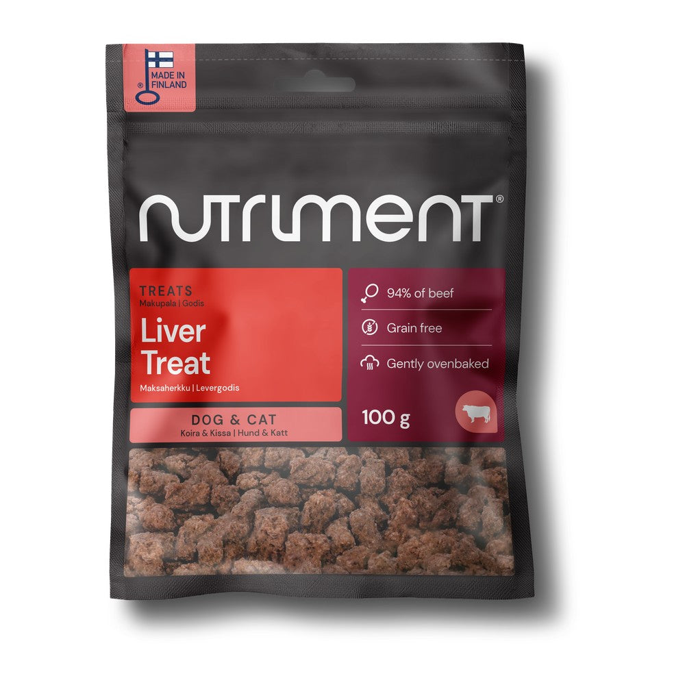 Nutriment Liver Treat levergodis 100g, svart påse med röd etikett mot vit bakgrund