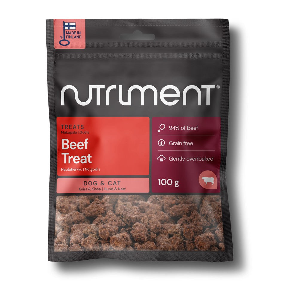 Nutriment Beef Treat nötgodis 100g, svart påse med röd etikett mot vit bakgrund