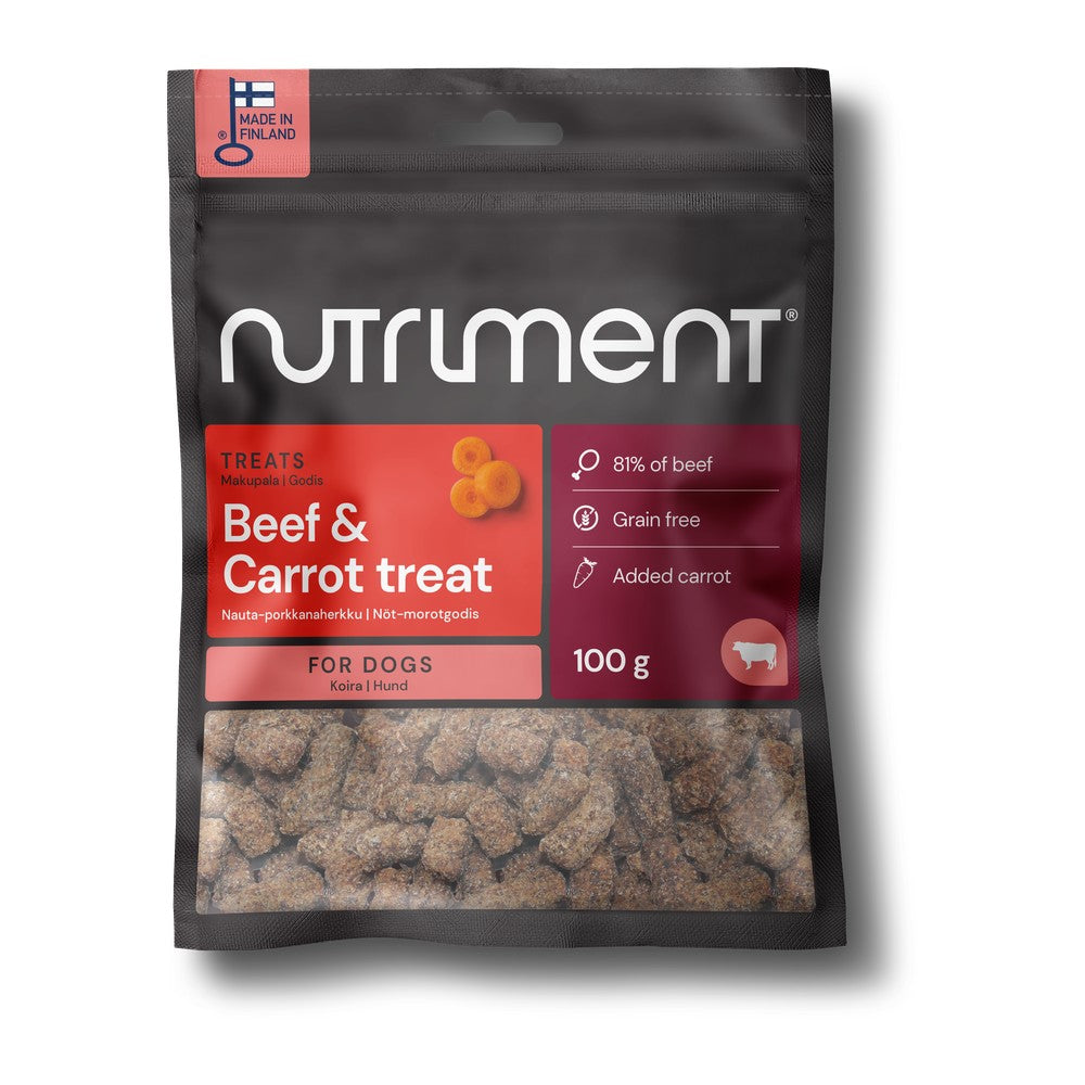 Nutriment Beef & Carrot Treat nötkött och morot 100g, svart påse med röd etikett mot vit bakgrund