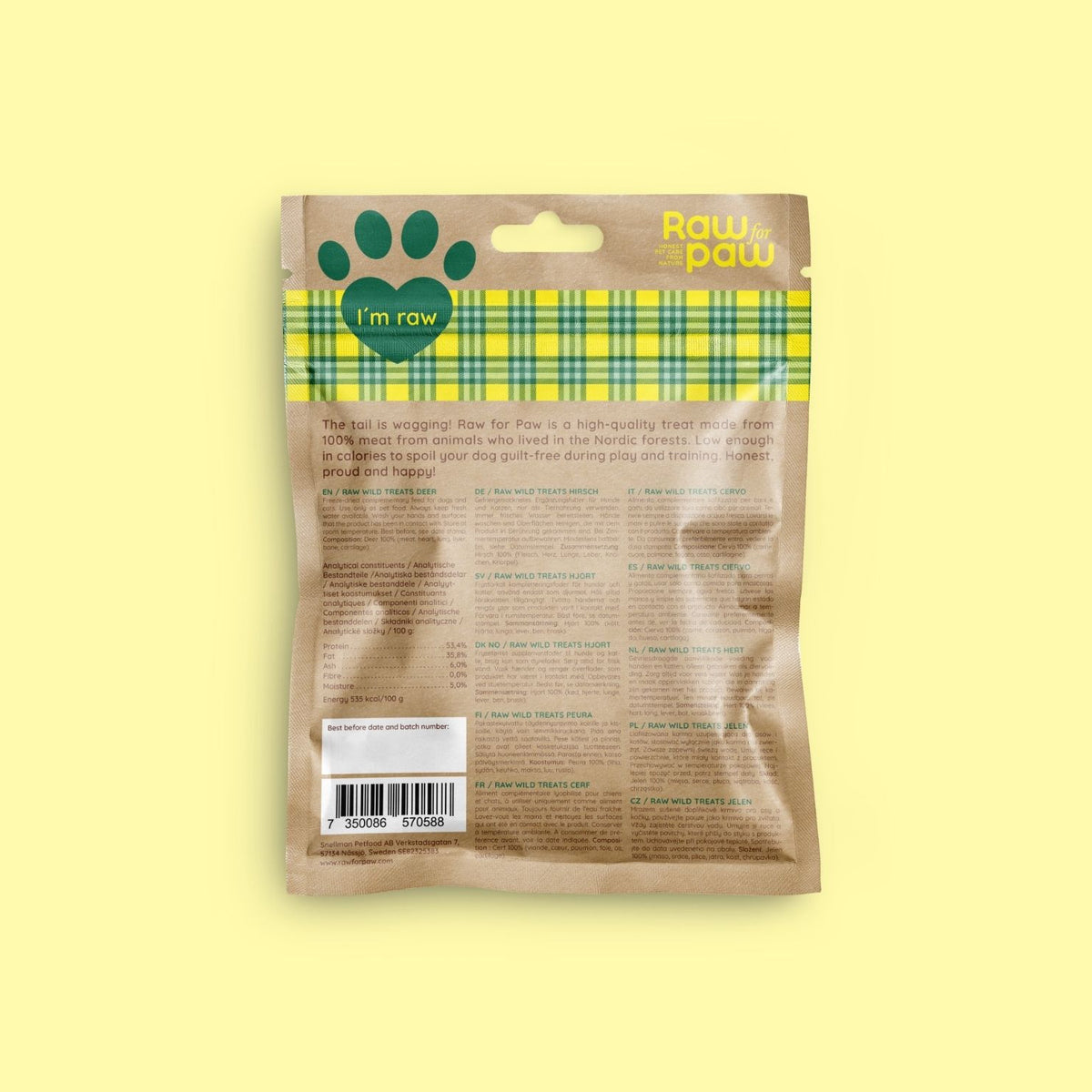 Raw for Paw Hjortgodis 40g innehållsförteckning och näringsvärden på baksidan