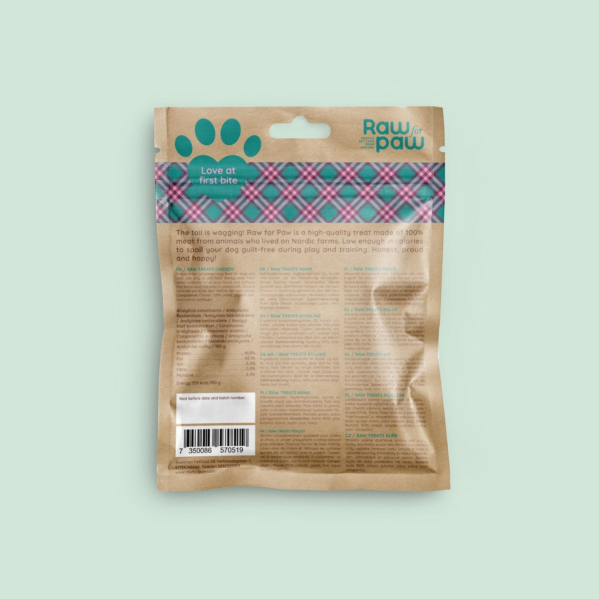 Raw for Paw Kycklinggodis 45g innehållsförteckning och näringsvärden på baksidan