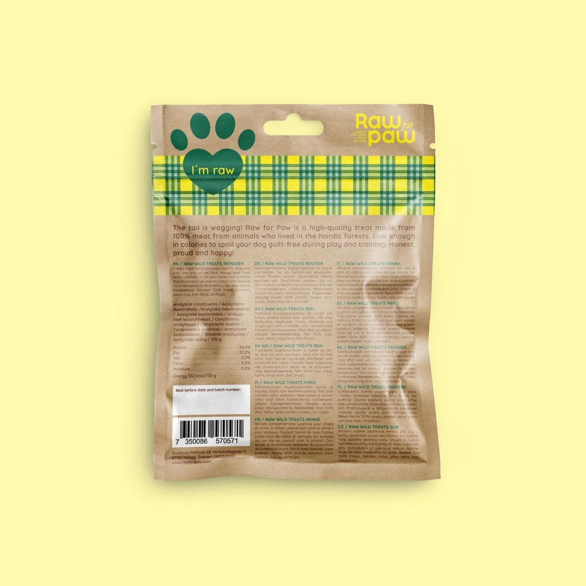 Raw for Paw Rengodis 40g innehållsförteckning och näringsvärden på baksidan