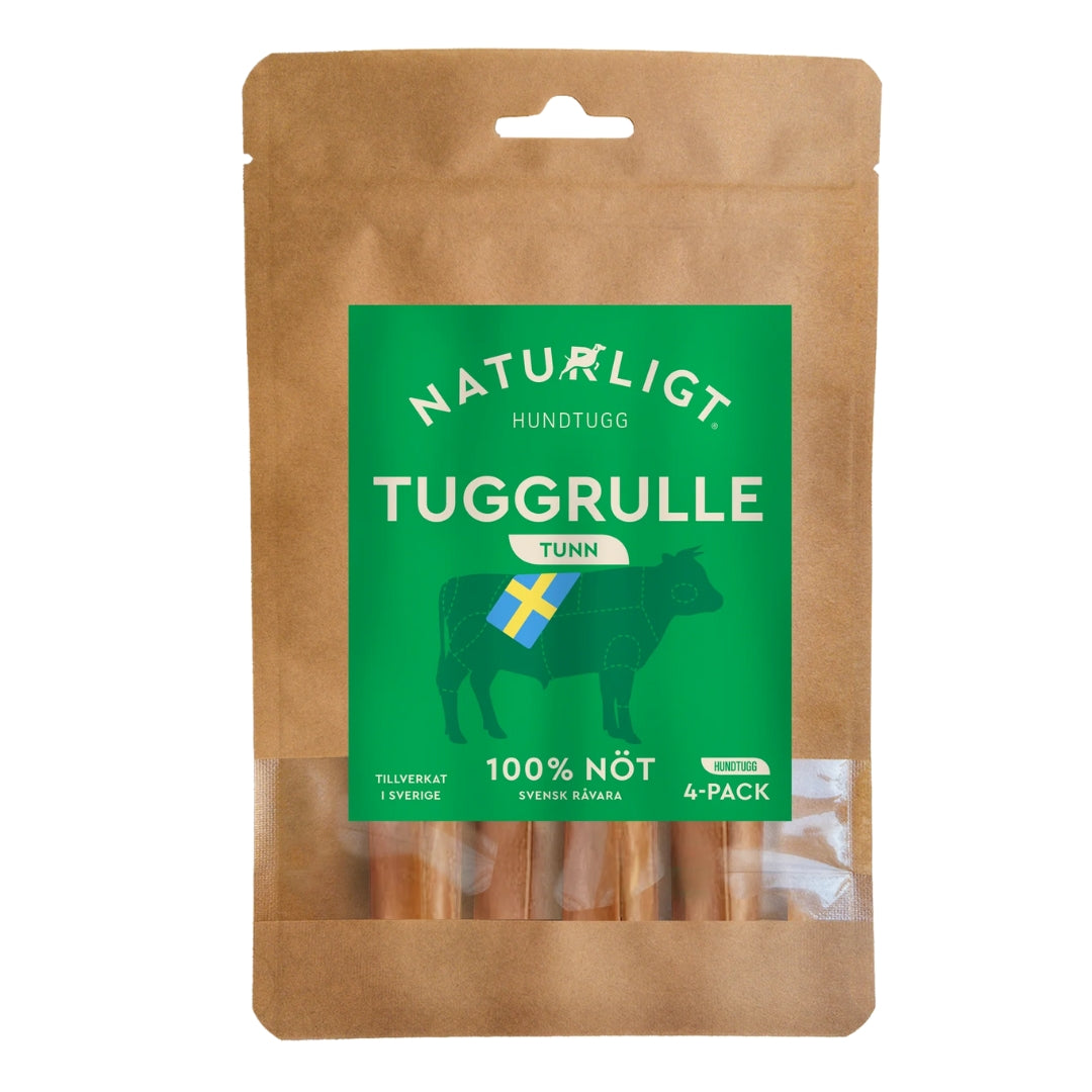 Naturligt Hundtugg Tuggrulle Tunn 4-pack i brun förpackning med grön etikett mot vit bakgrund