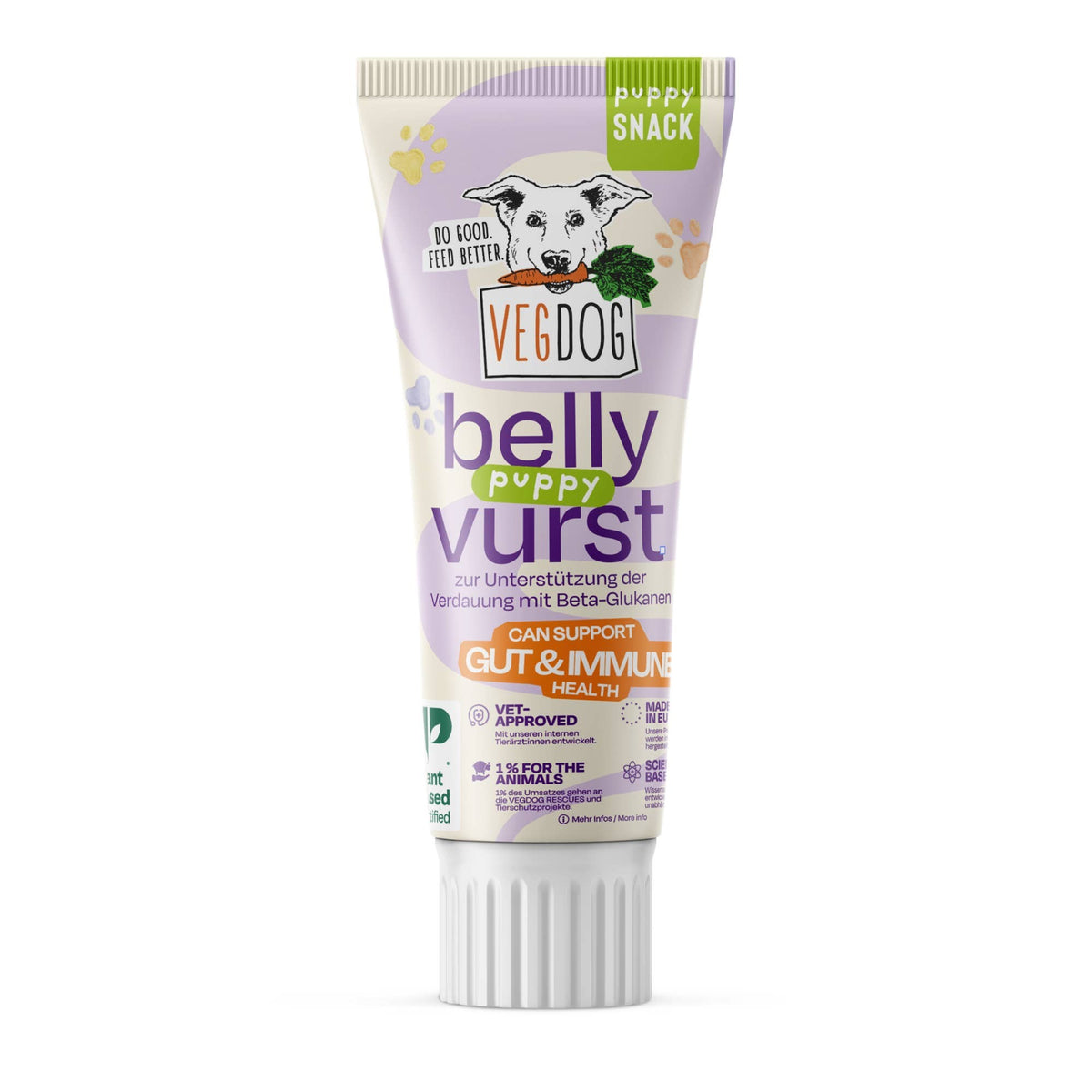 VEGDOG Belly Vurst 75g, lila tub med slickgodis för valp mot vit bakgrund