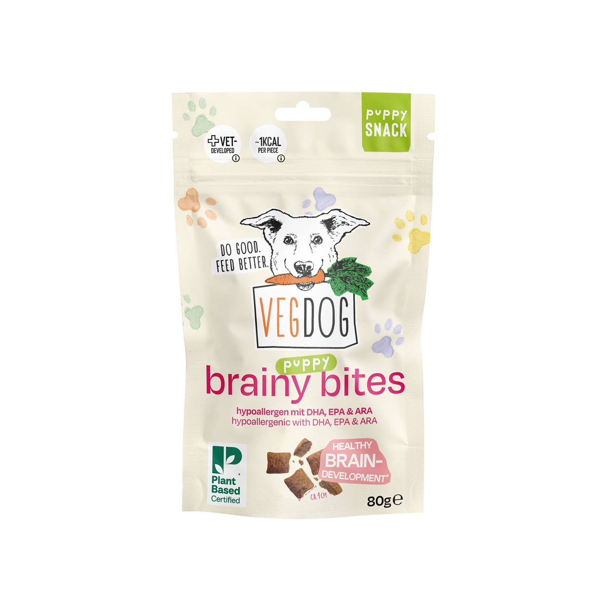 VEGDOG Brainy Bites 80g, ljus påse med valpgodis mot vit bakgrund